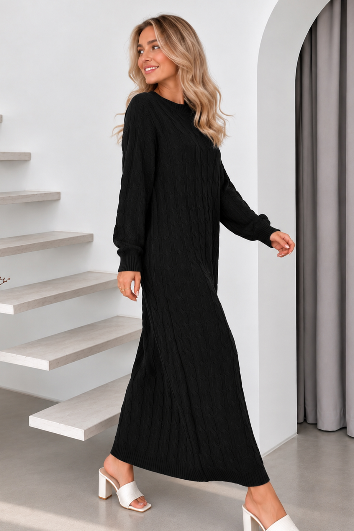 Cable-knit Patterned Dress K3024 Black-detail