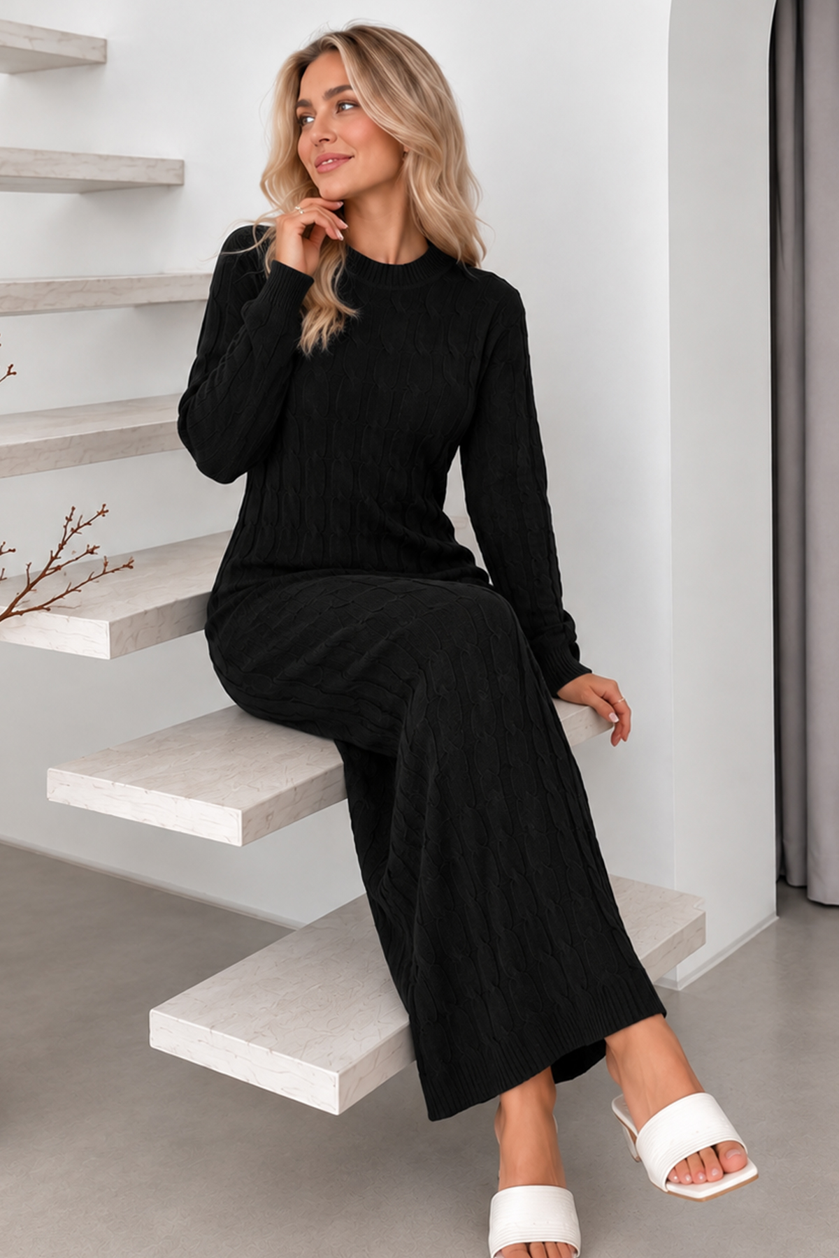Cable-knit Patterned Dress K3024 Black