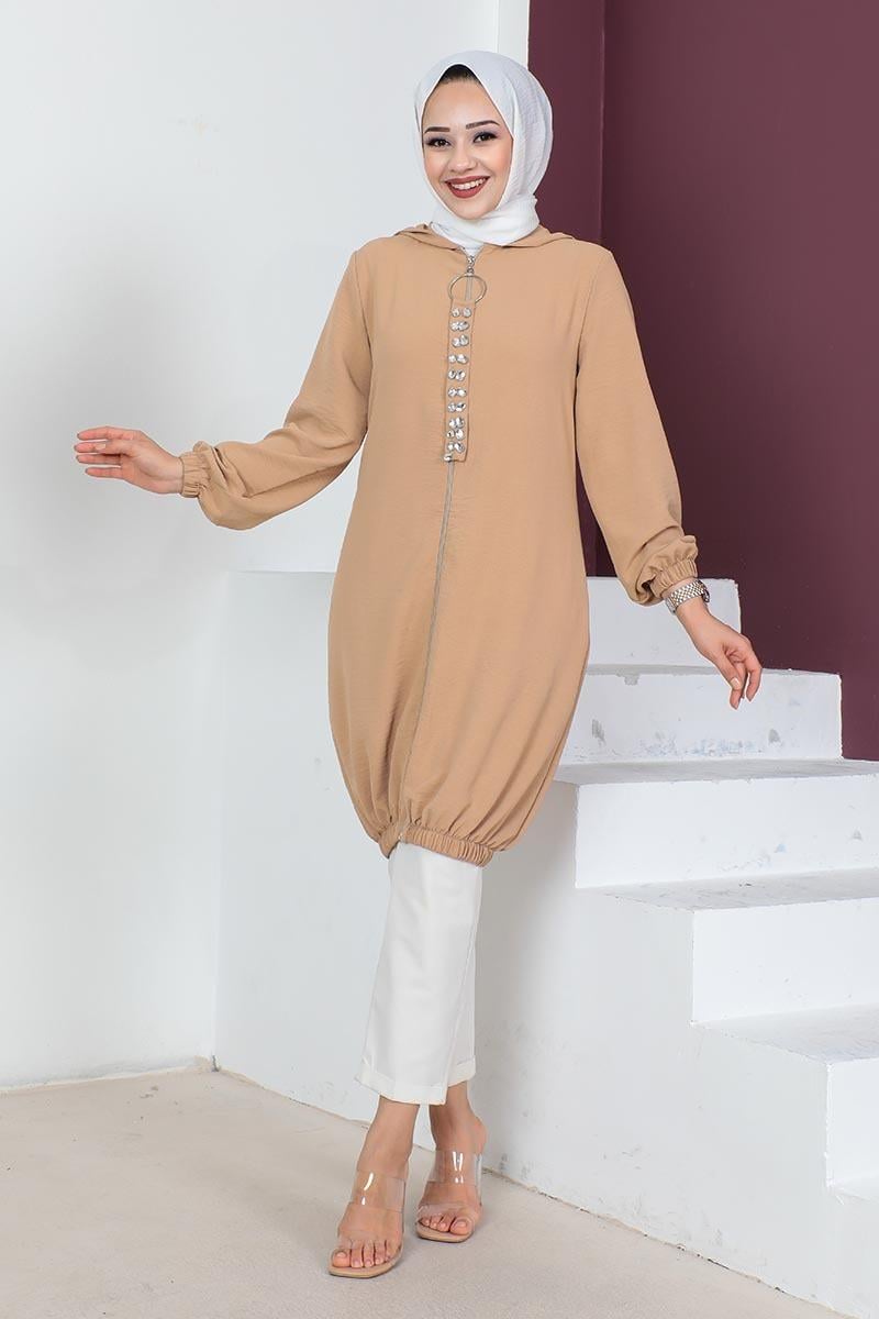 Hooded Modest Tunic Tan-detail