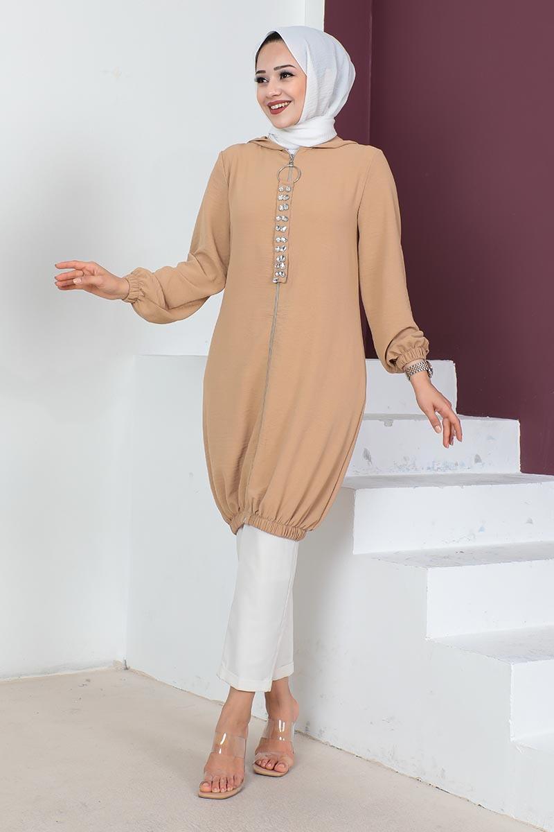 Hooded Modest Tunic Tan-detail