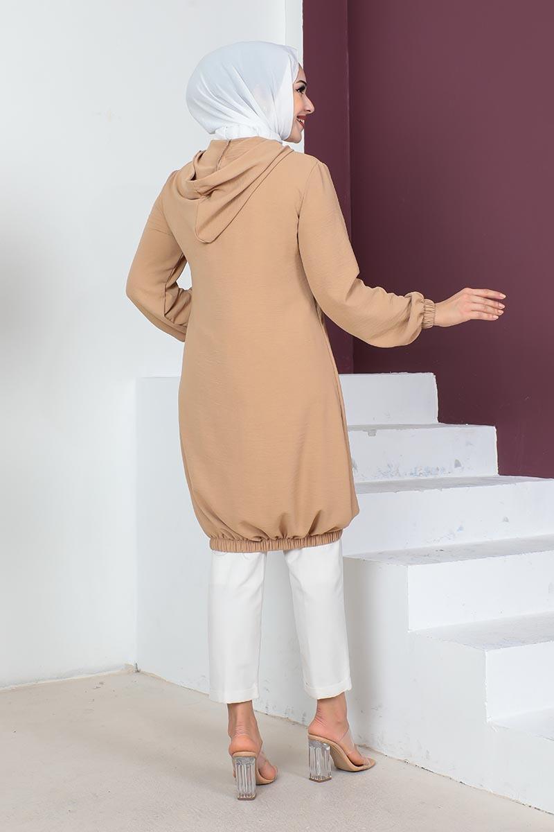 Hooded Modest Tunic Tan-detail