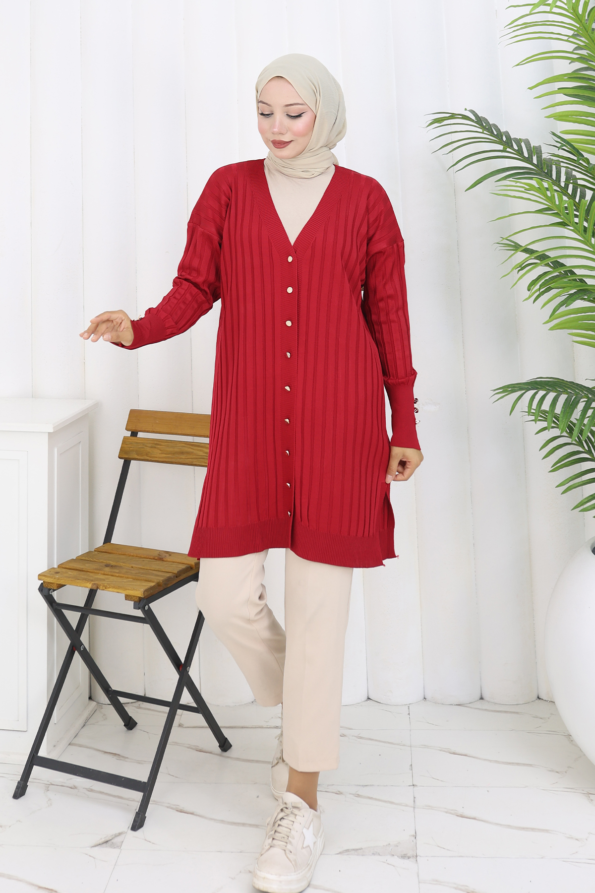 Self-striped Long Mercerized Cardiganc