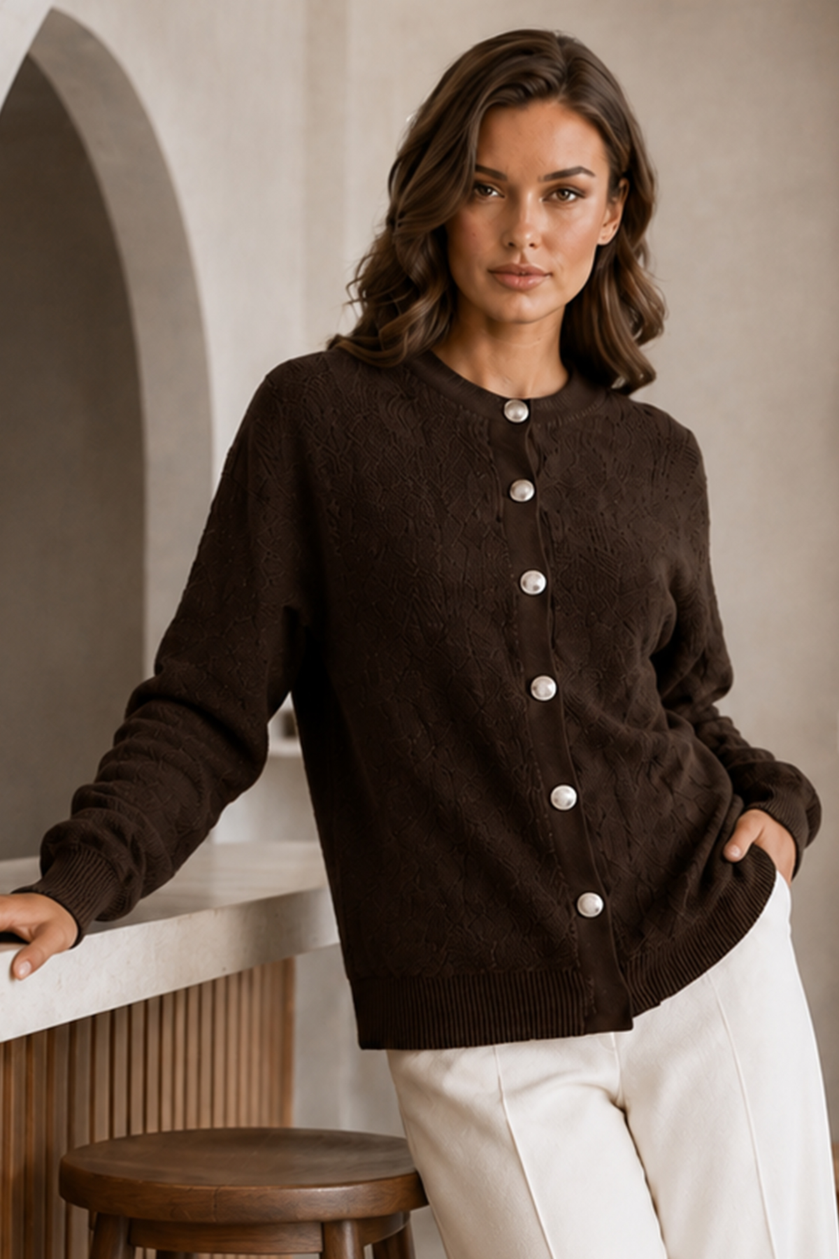 Düğmeli Sakal Hırka N3328 Kahverengi-detail