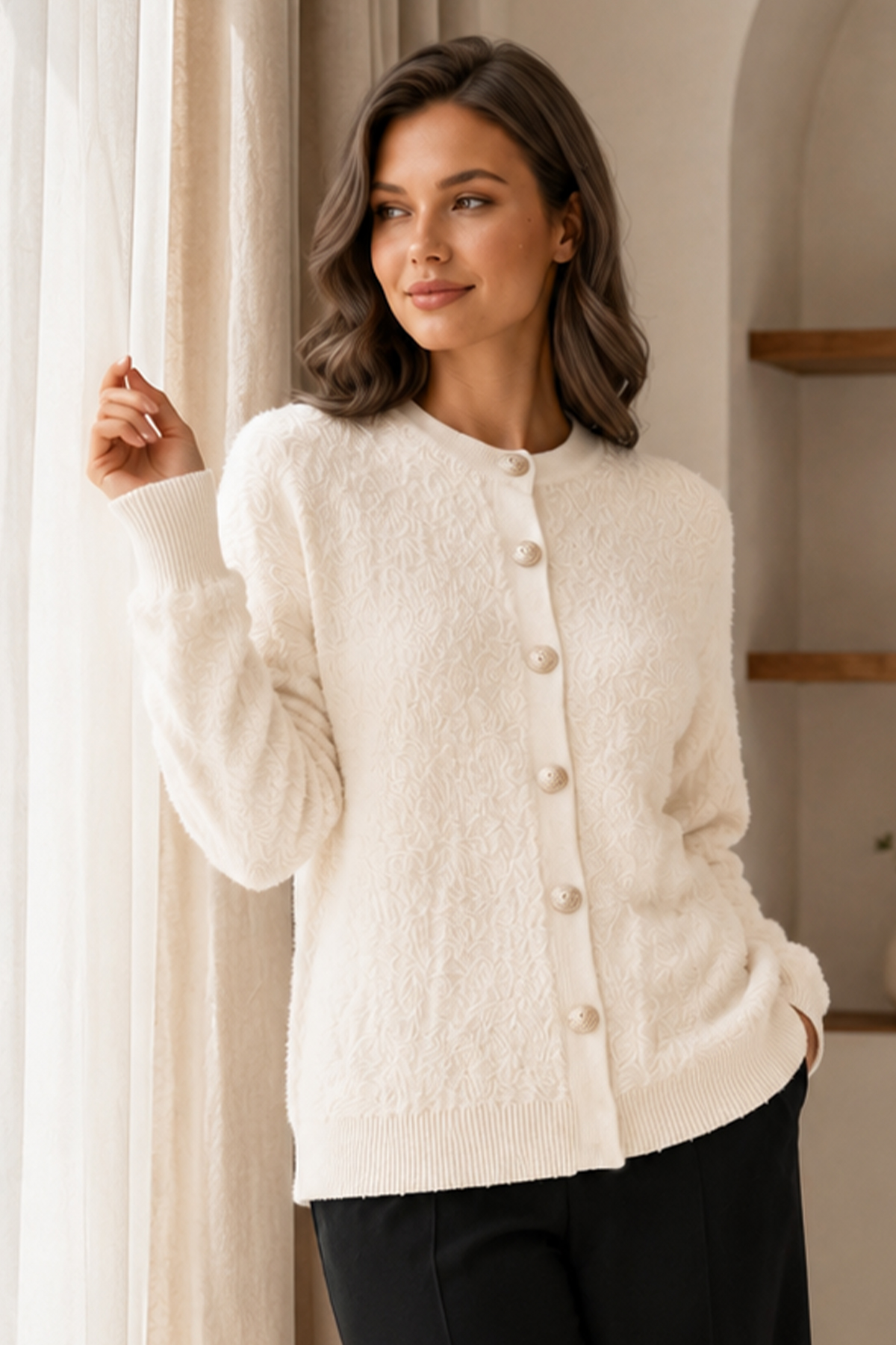 Düğmeli Sakal Hırka N3328 Taş Rengi-detail
