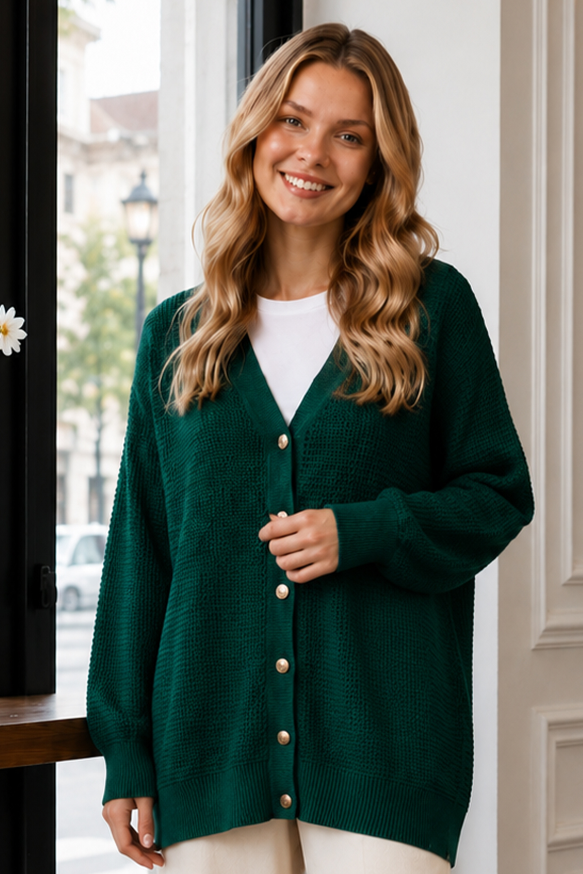Openwork Mercerized Knit Cardigan N3340 Emerald Green-detail