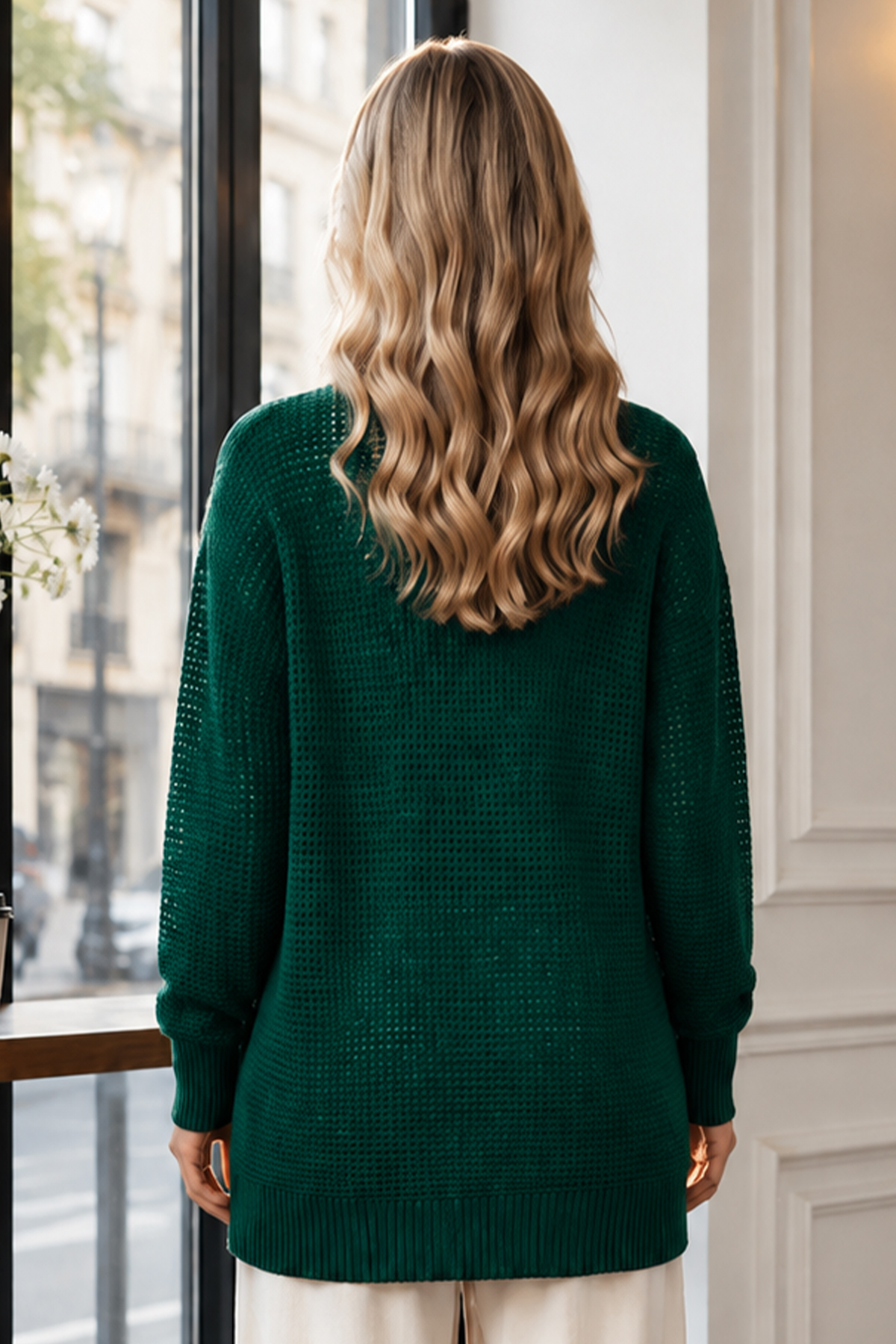 Openwork Mercerized Knit Cardigan N3340 Emerald Green-detail