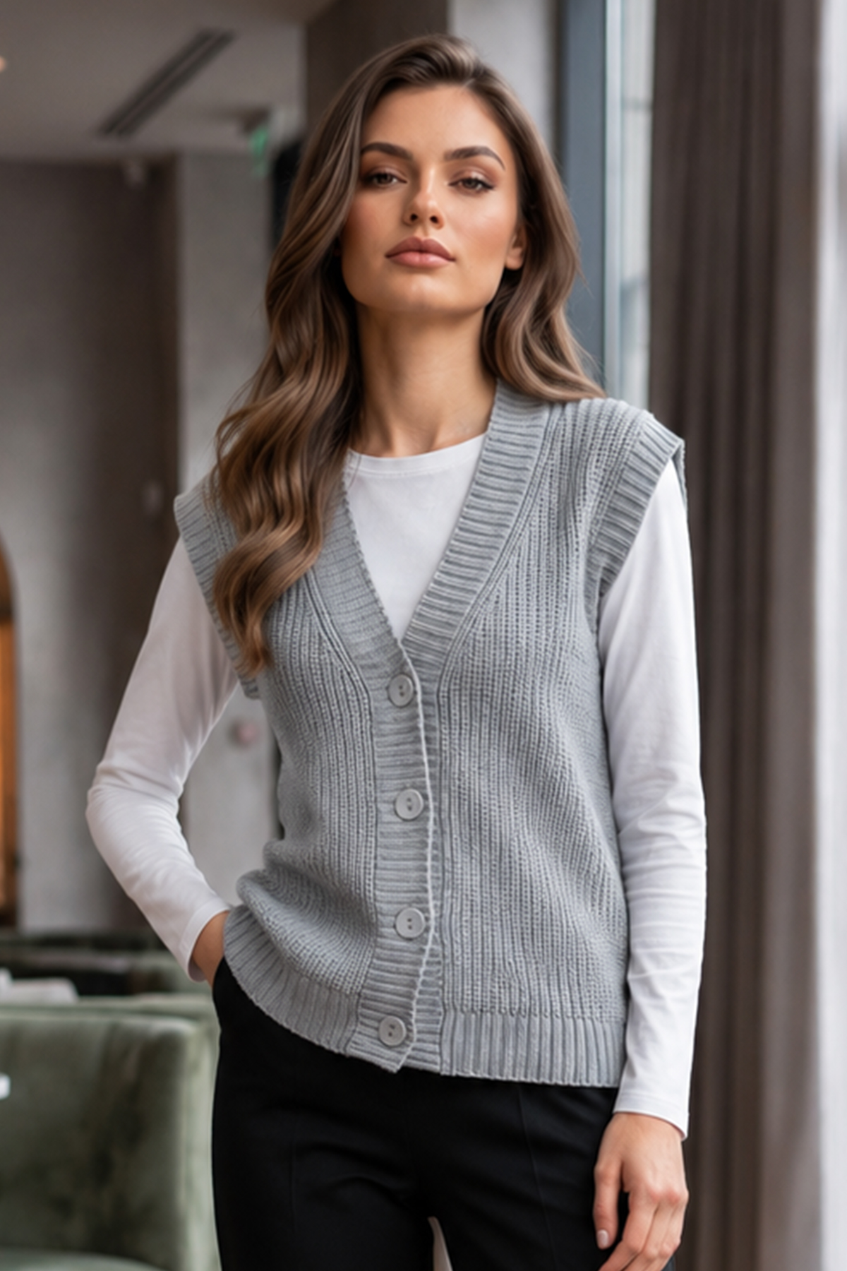 Düğmeli Triko Süveter N518 Gri-detail