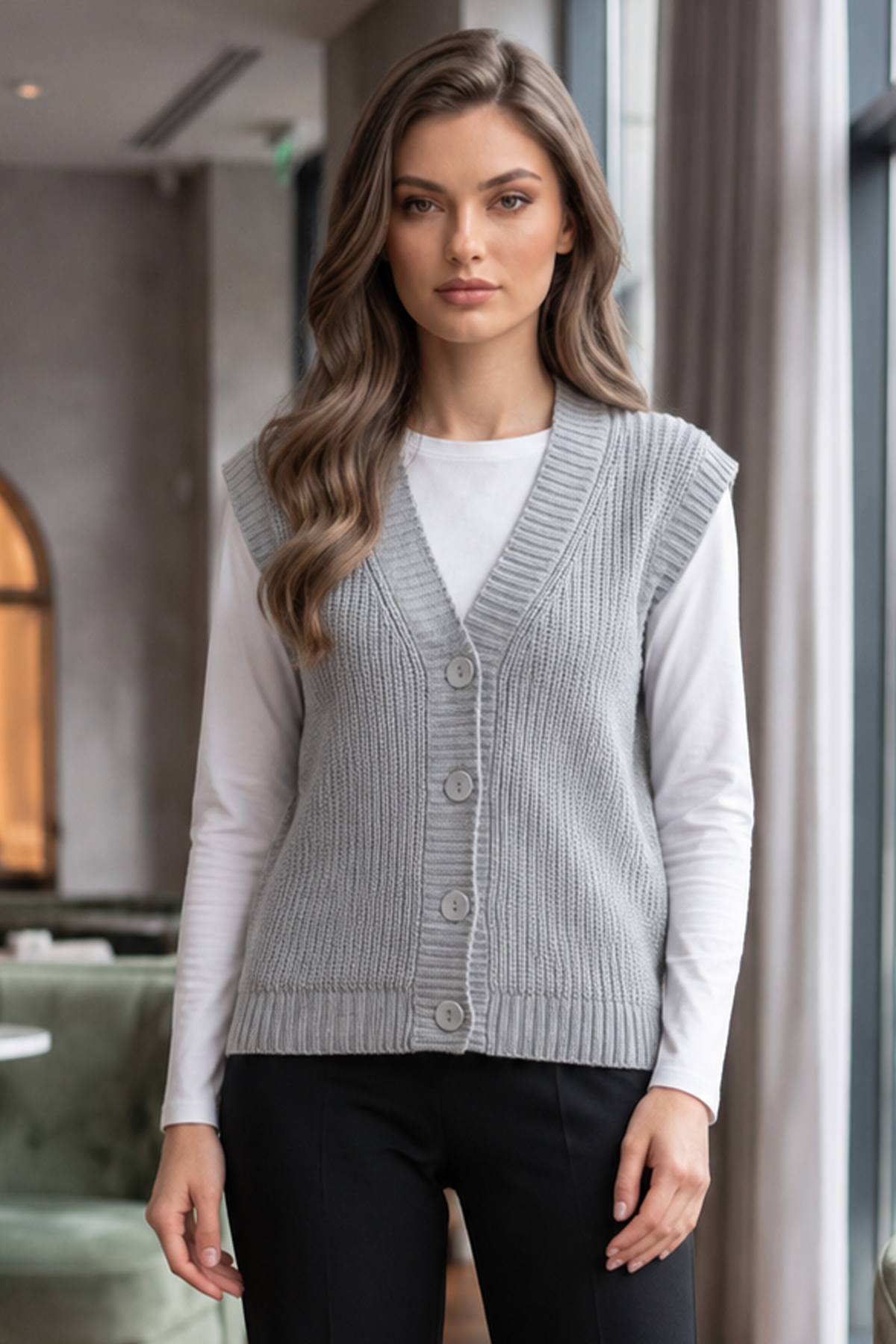 Düğmeli Triko Süveter N518 Gri-detail