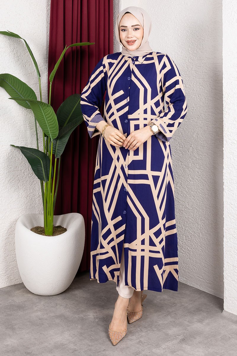 Geometric Pattern Long Viscose Tunic Navy Blue-detail