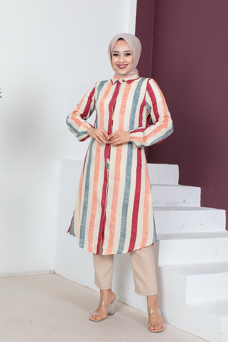 Striped Modest Coat 0161 Burgundy-detail