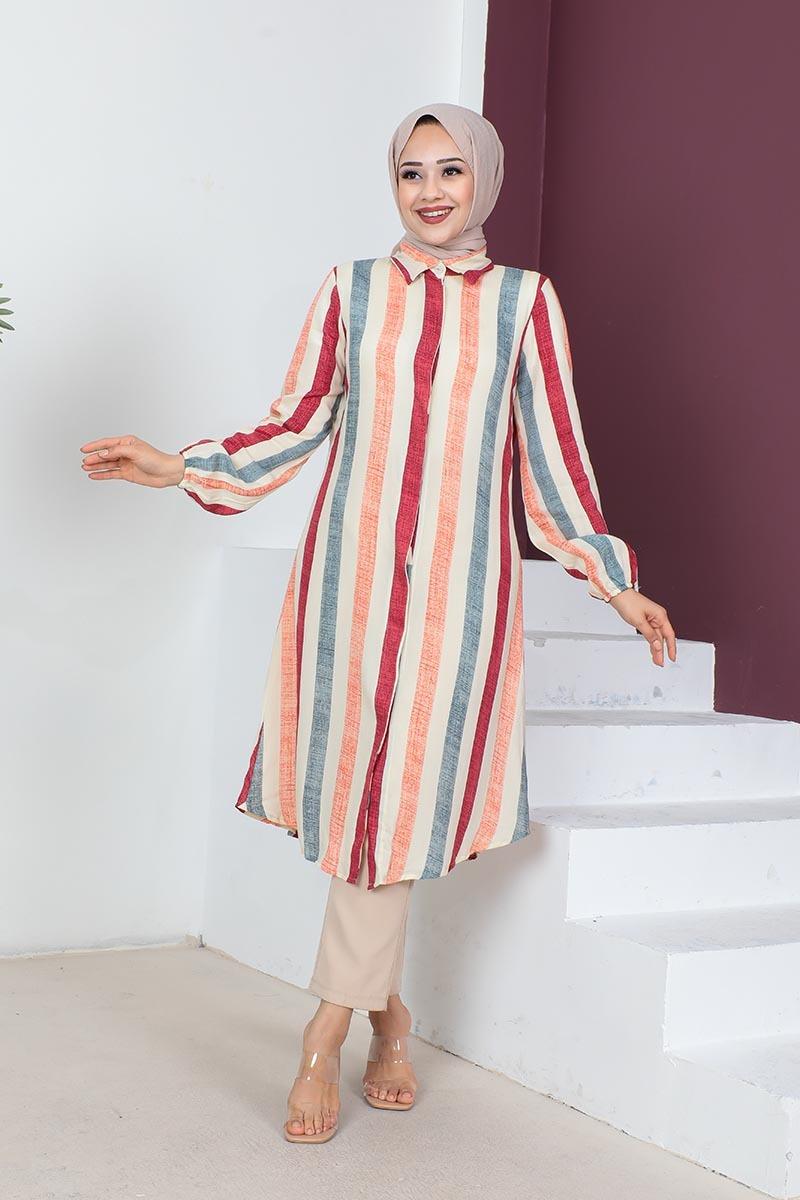 Striped Modest Coat 0161 Burgundy-detail