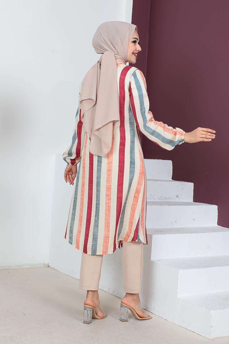 Striped Modest Coat 0161 Burgundy-detail