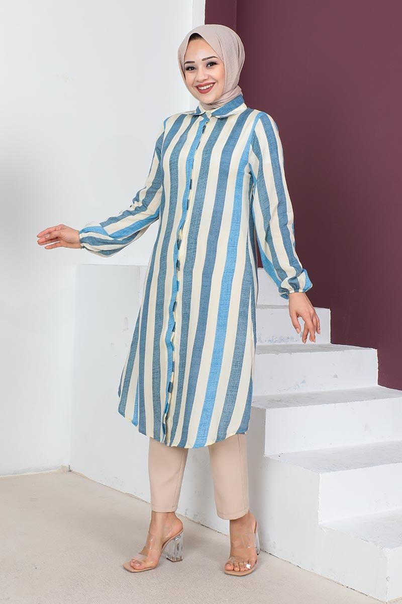 Striped Modest Coat 0161 Indigo-detail