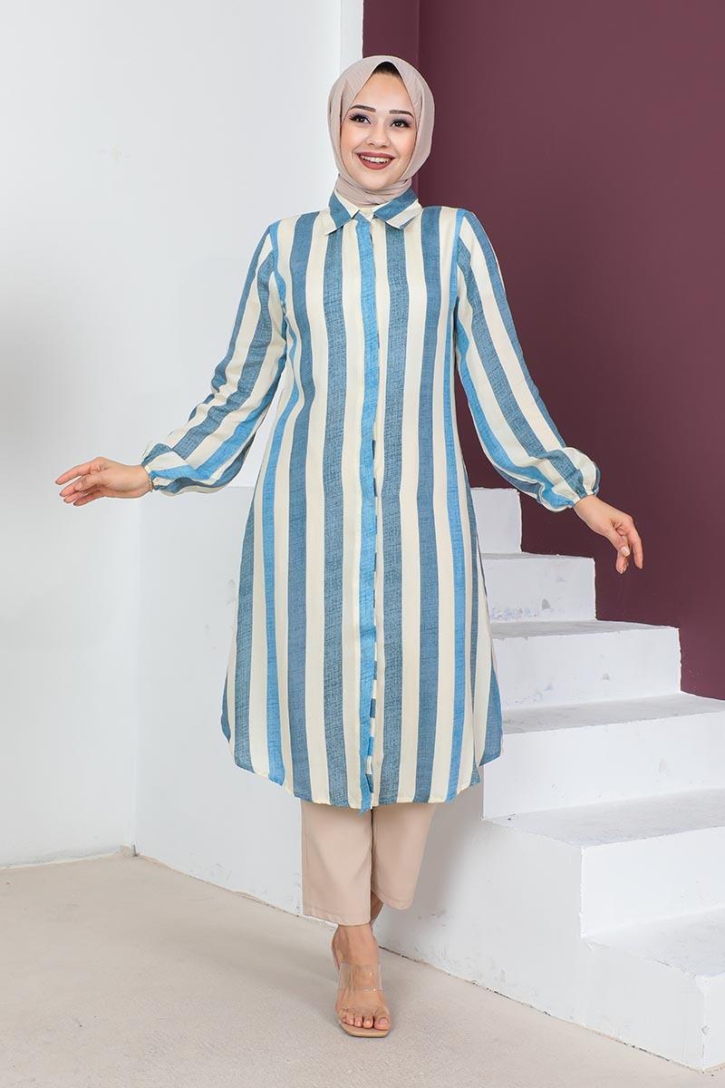 Striped Modest Coat 0161 Indigo-detail