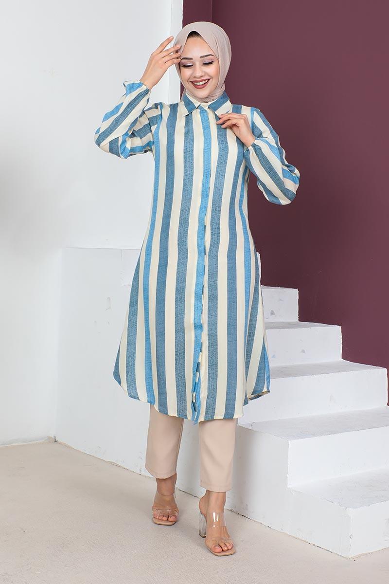 Striped Modest Coat 0161 Indigo-detail