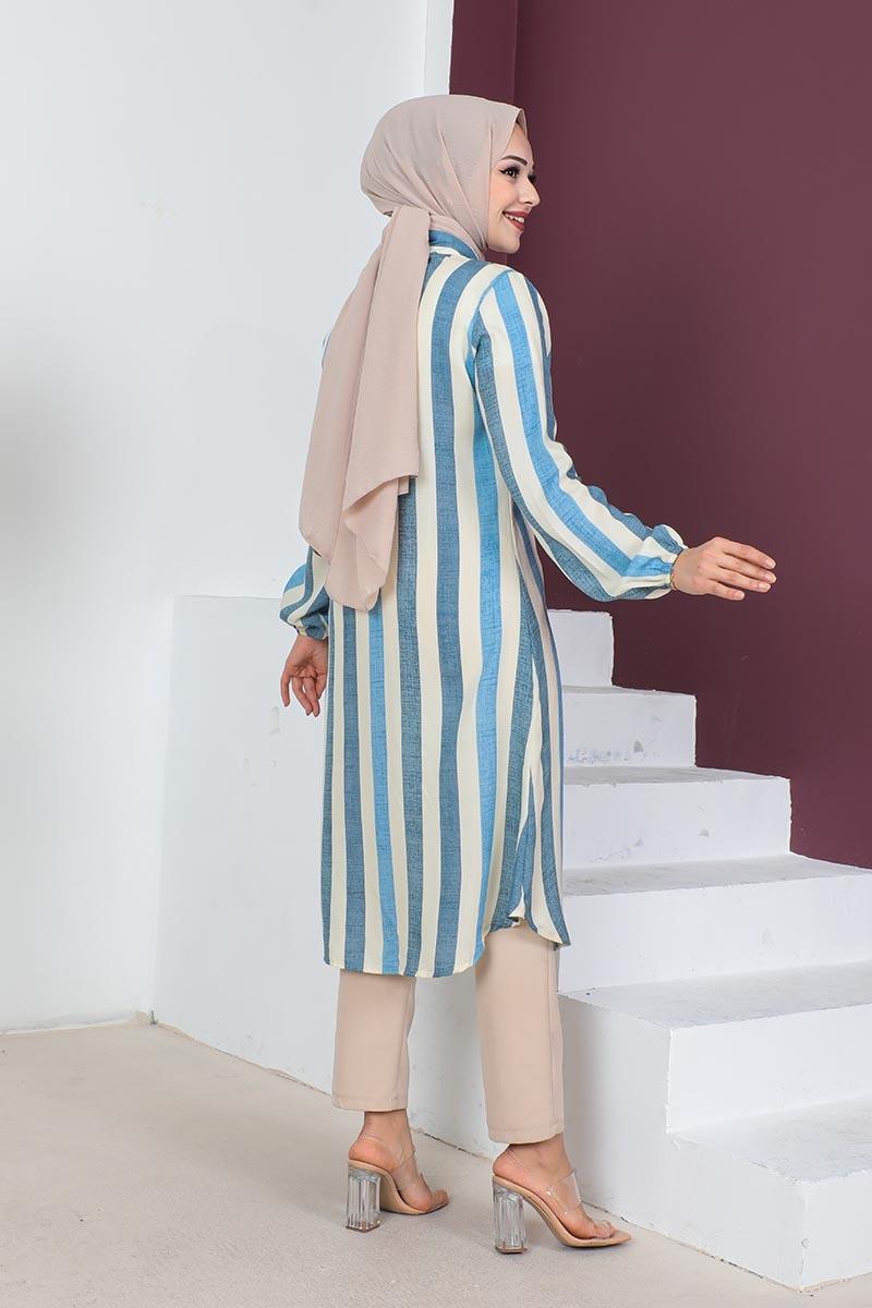 Striped Modest Coat 0161 Indigo-detail