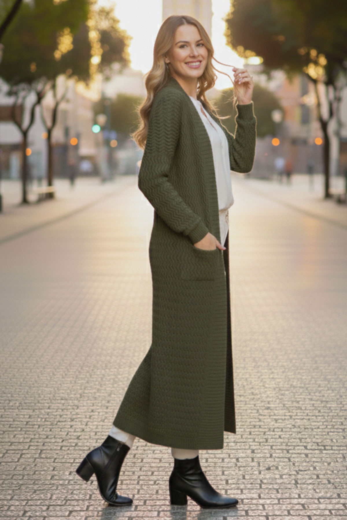 Zigzag Patterned Long Knit Cardigan-detail