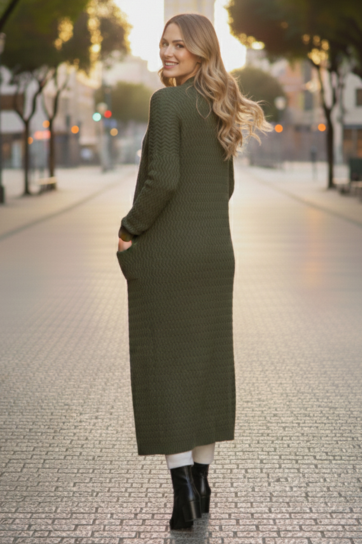 Zigzag Patterned Long Knit Cardigan-detail