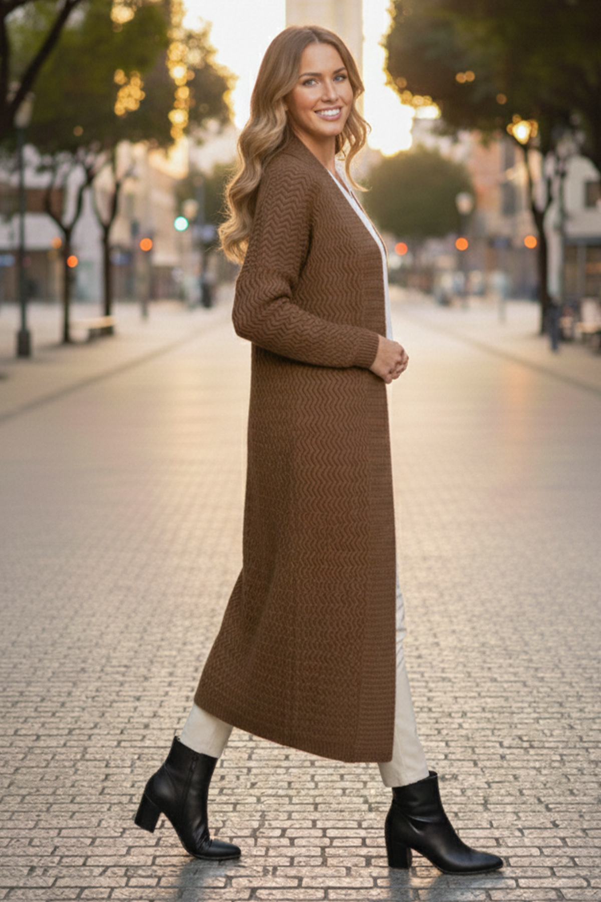 Zigzag Patterned Long Knit Cardigan-detail