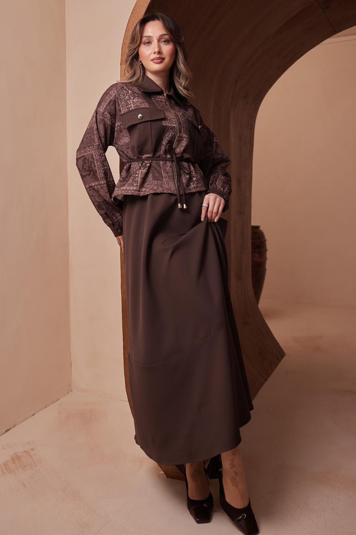 Desenli Ceket Takım N2713 Kahverengi-detail