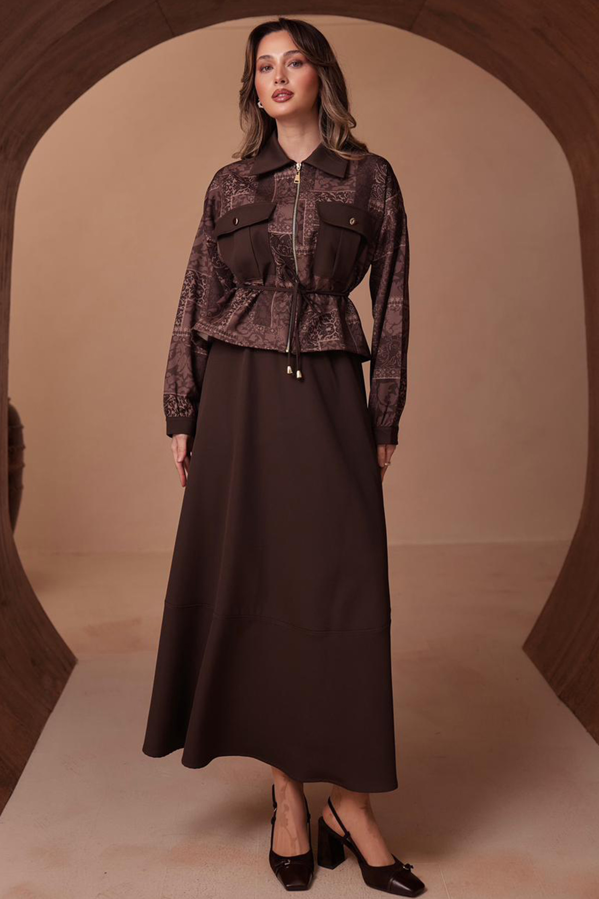 Desenli Ceket Takım N2713 Kahverengi-detail