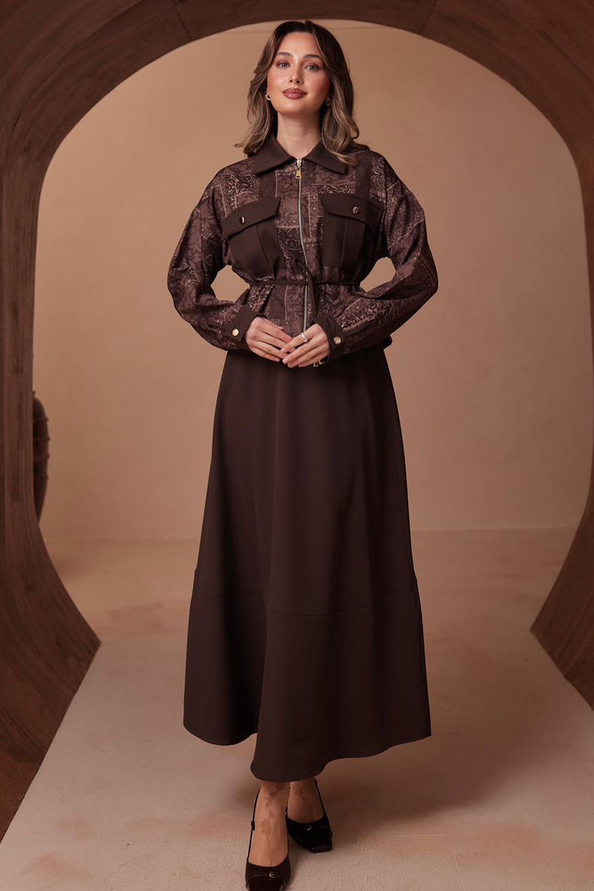 Desenli Ceket Takım N2713 Kahverengi