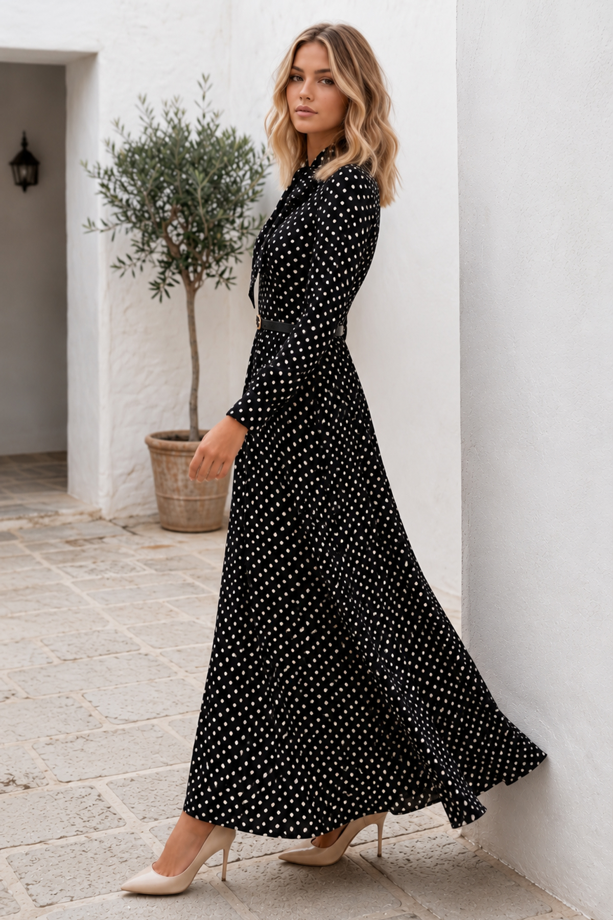 Belted Polka Dot Dress-detail
