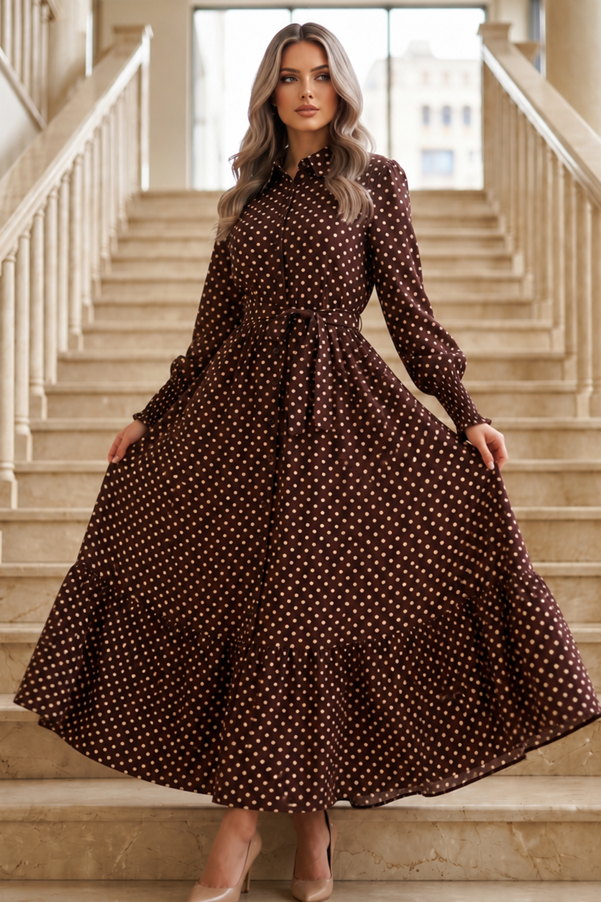 Belted Polka Dot Hijab Dress-detail