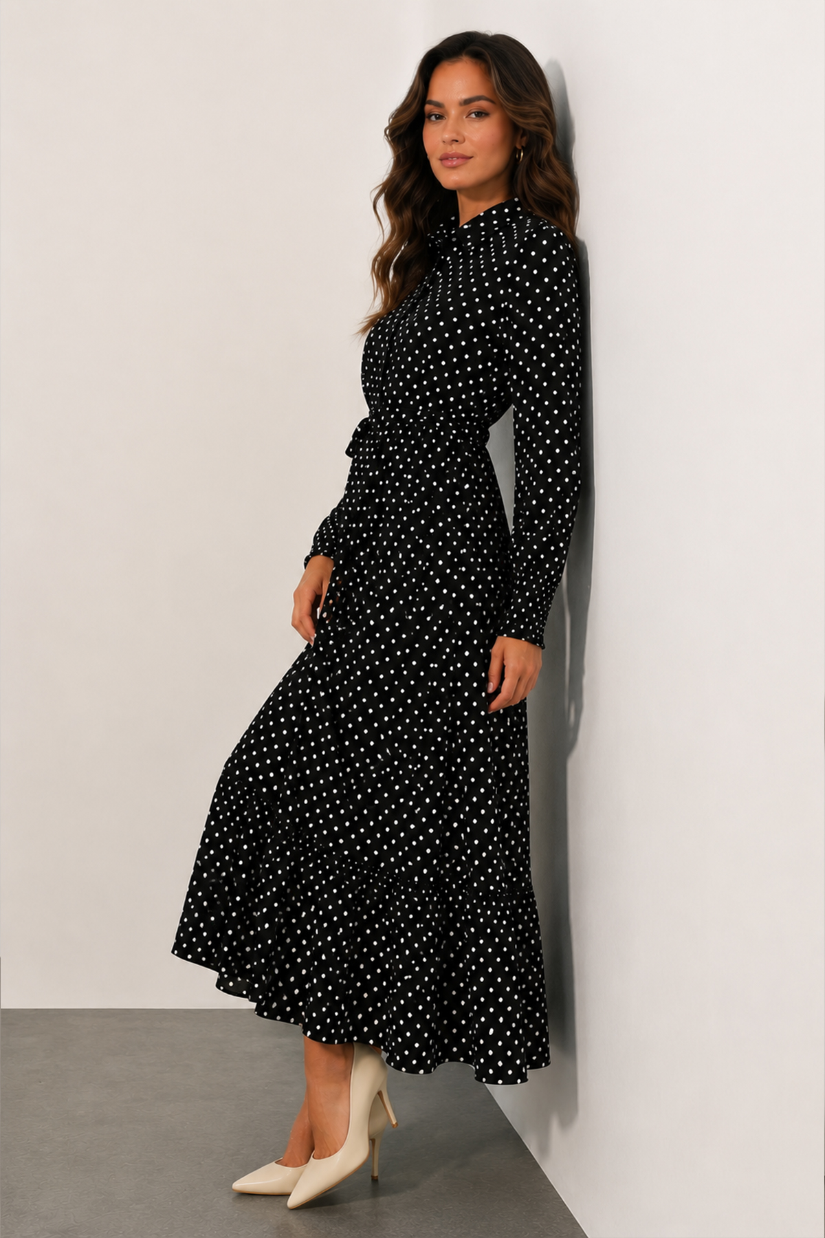 Belted Polka Dot Hijab Dress-detail