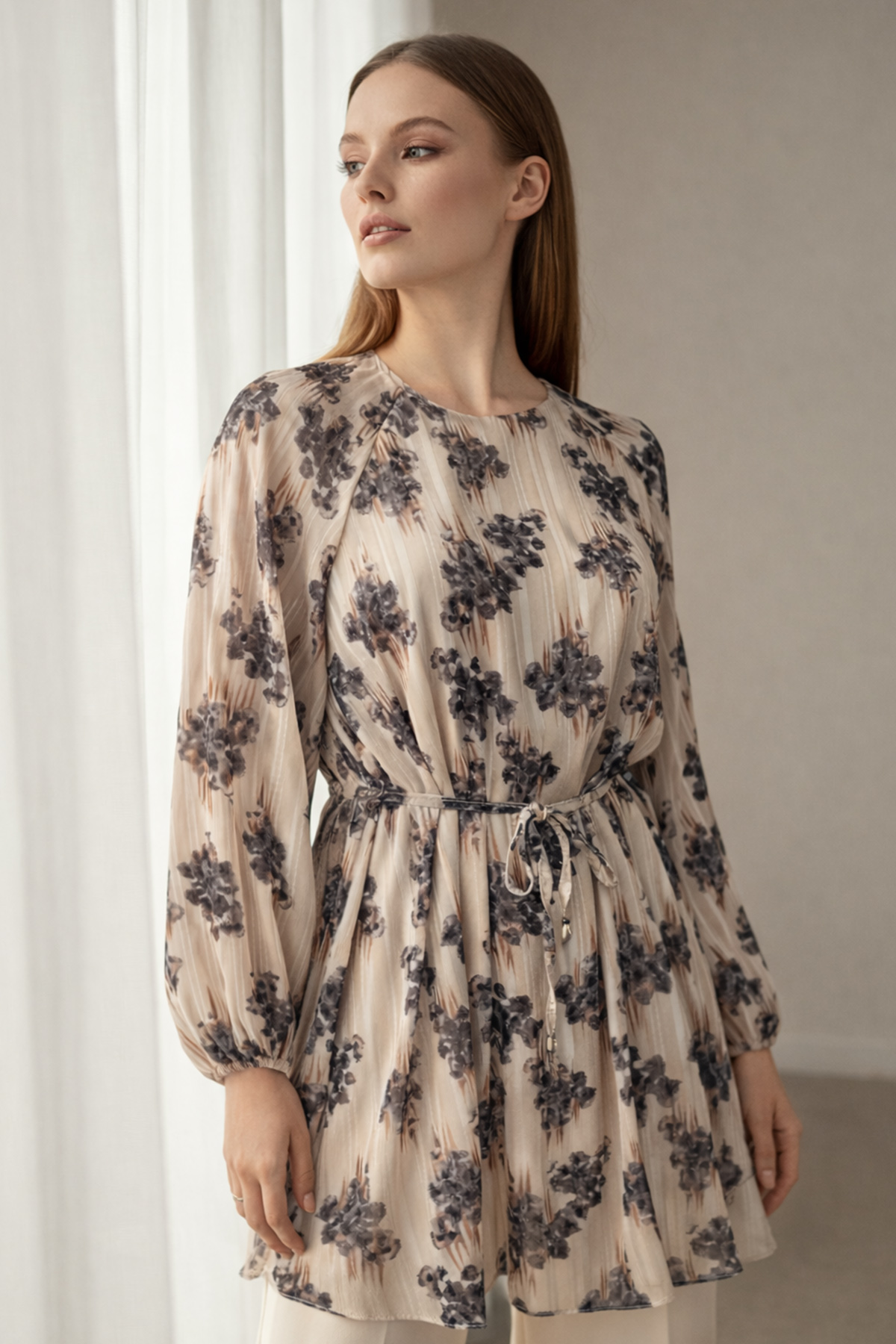 Patterned Balloon Sleeve Chiffon Shirt