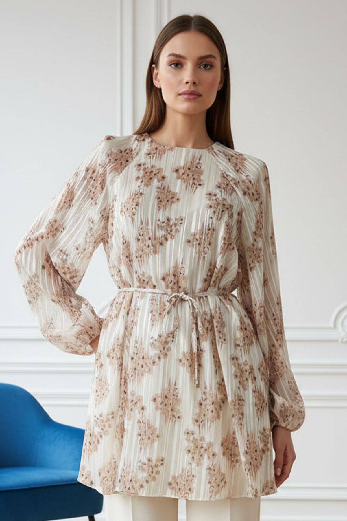Patterned Balloon Sleeve Chiffon Shirt-detail