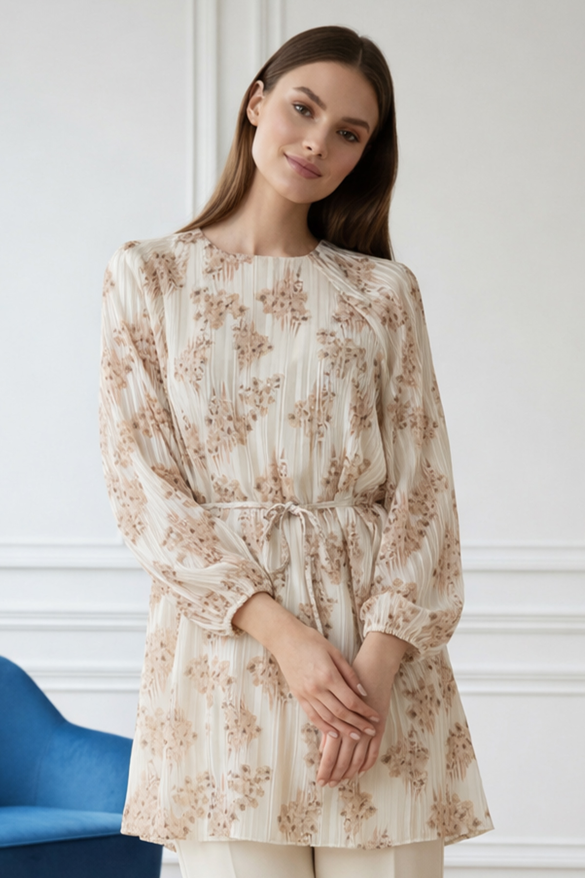 Patterned Balloon Sleeve Chiffon Shirt