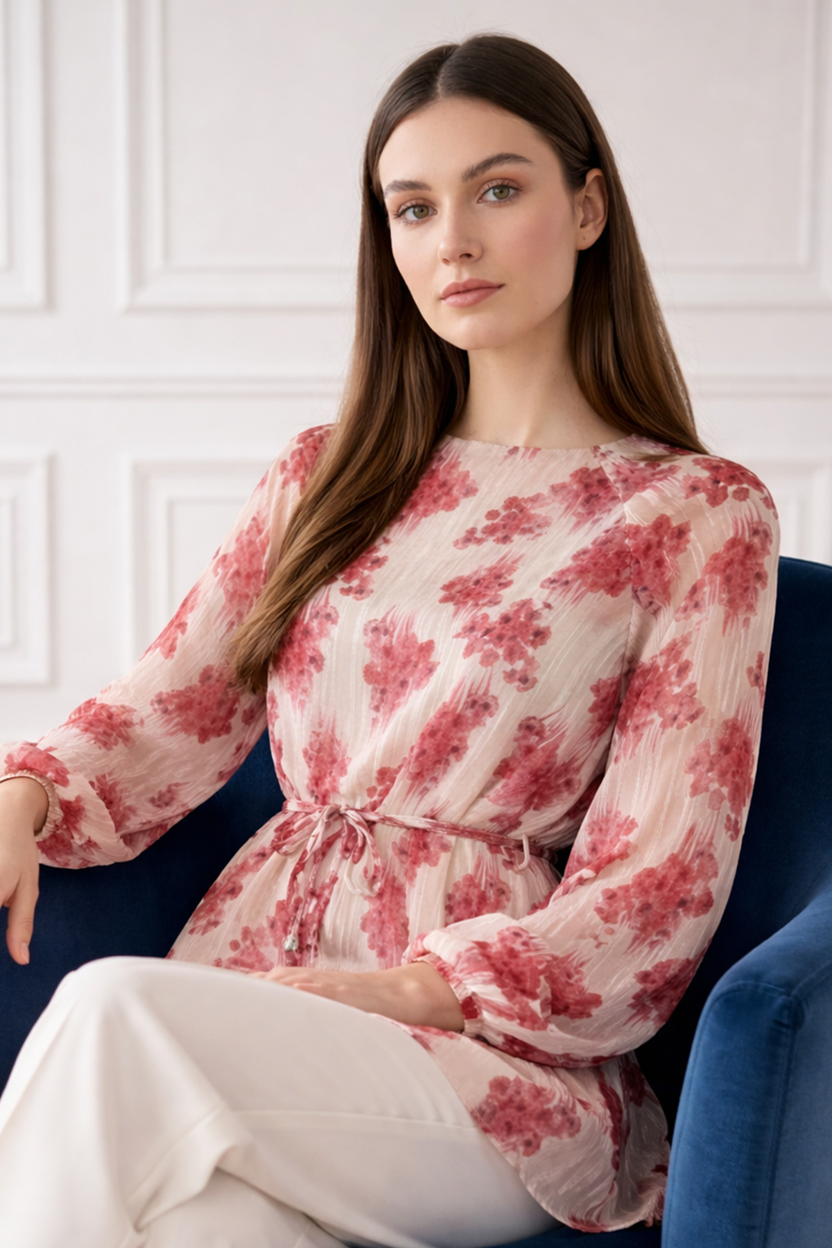 Patterned Balloon Sleeve Chiffon Shirt-detail