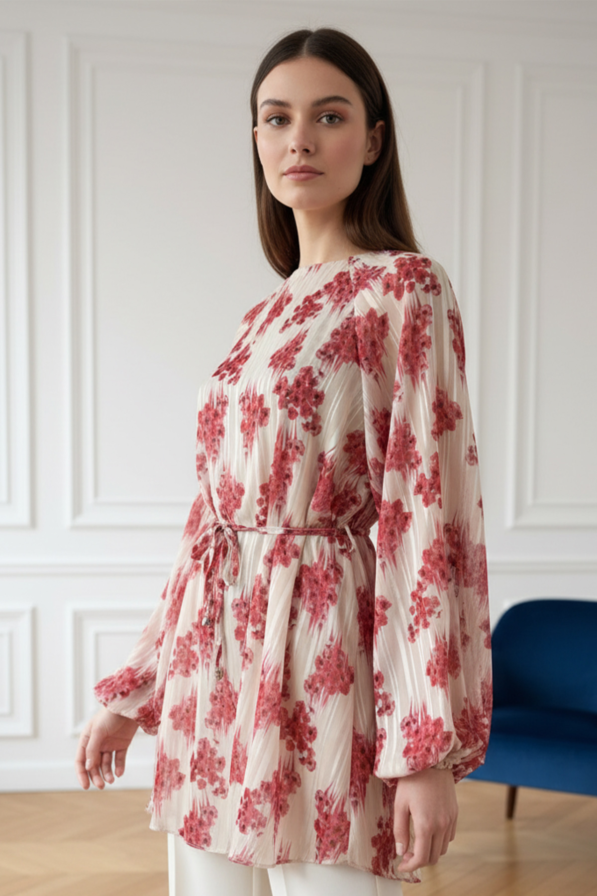 Patterned Balloon Sleeve Chiffon Shirt-detail