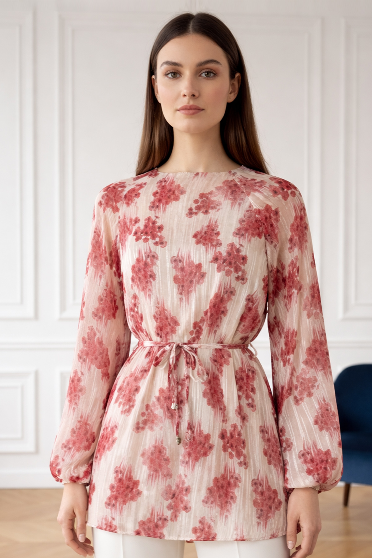 Patterned Balloon Sleeve Chiffon Shirt