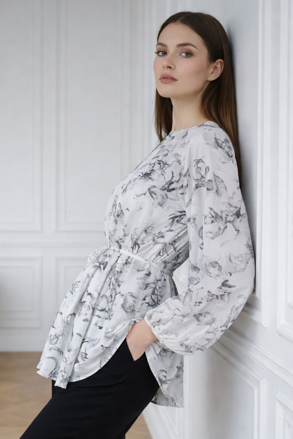 Patterned Balloon Sleeve Chiffon Shirt-detail