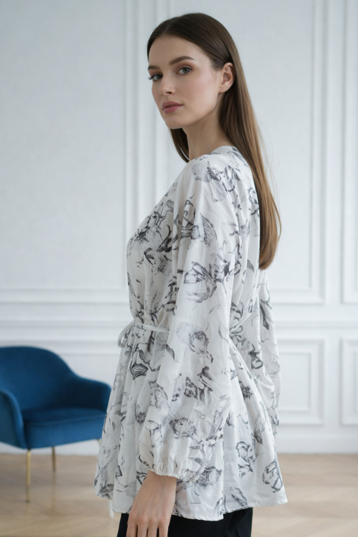 Patterned Balloon Sleeve Chiffon Shirt-detail
