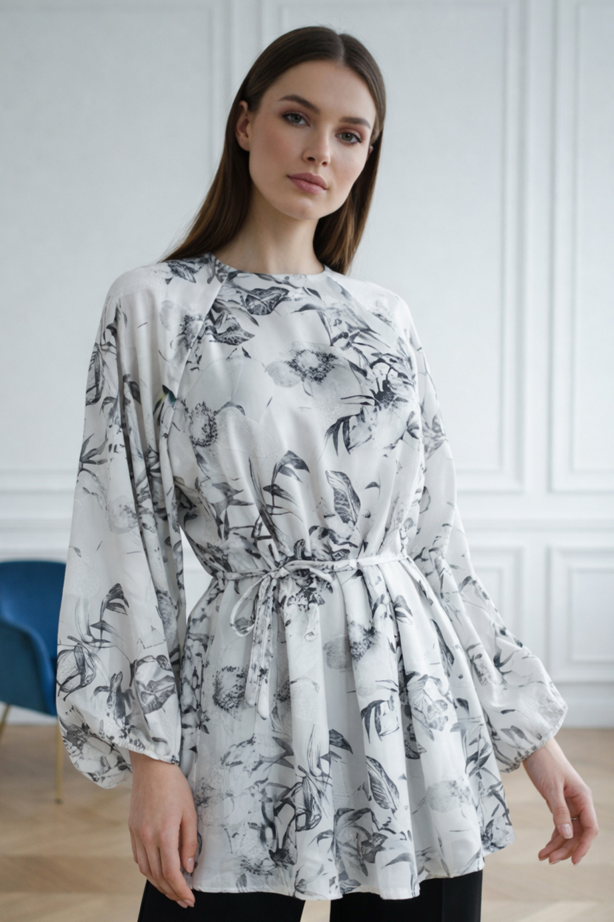 Patterned Balloon Sleeve Chiffon Shirt