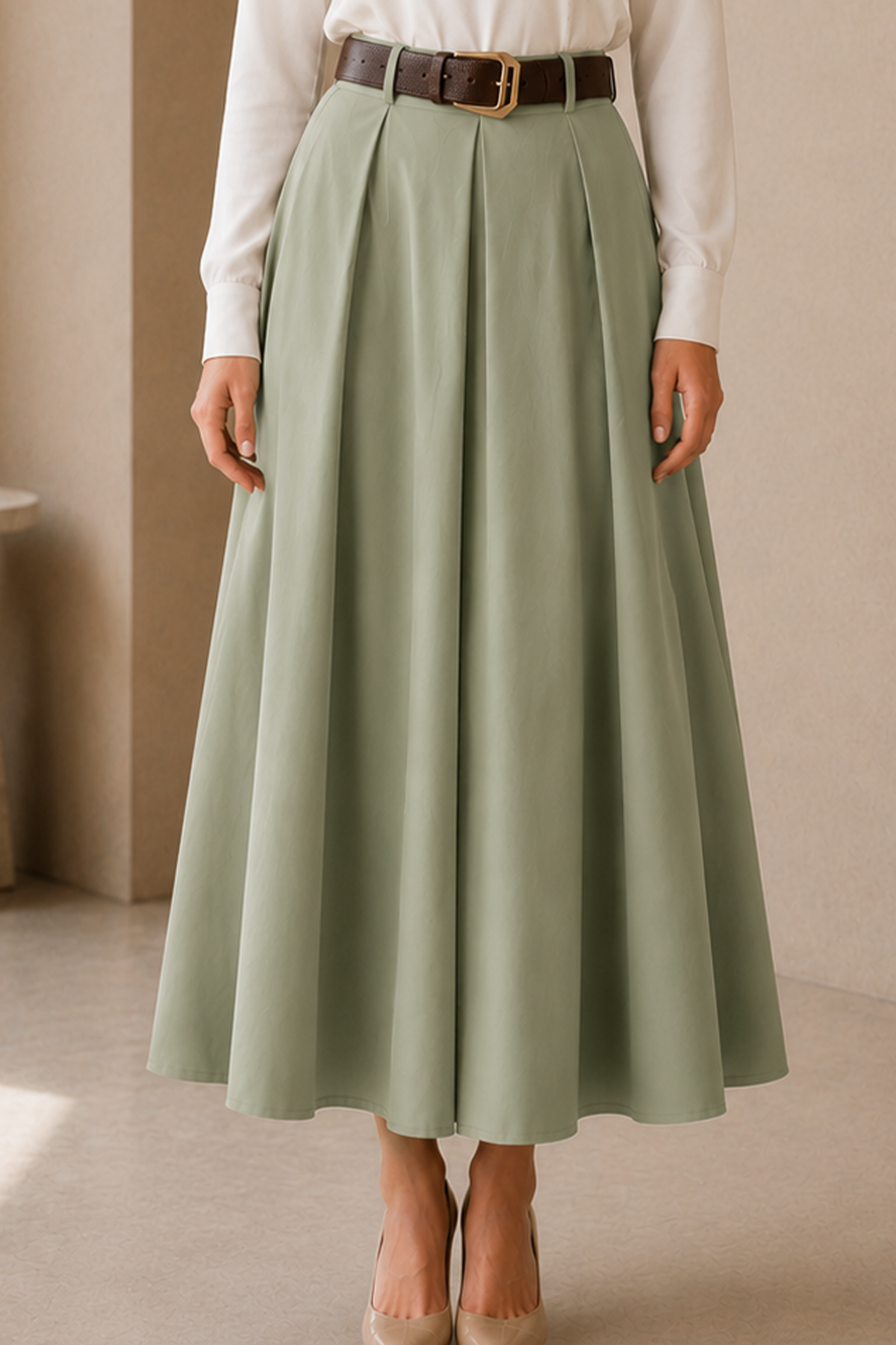 Belted Poplin Skirt