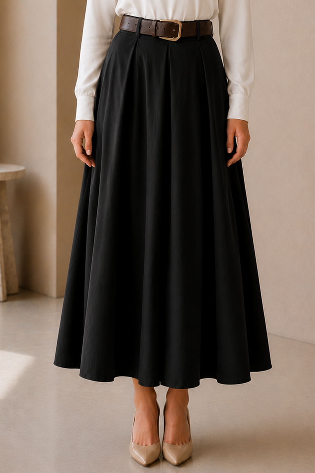 Belted Poplin Skirt-detail