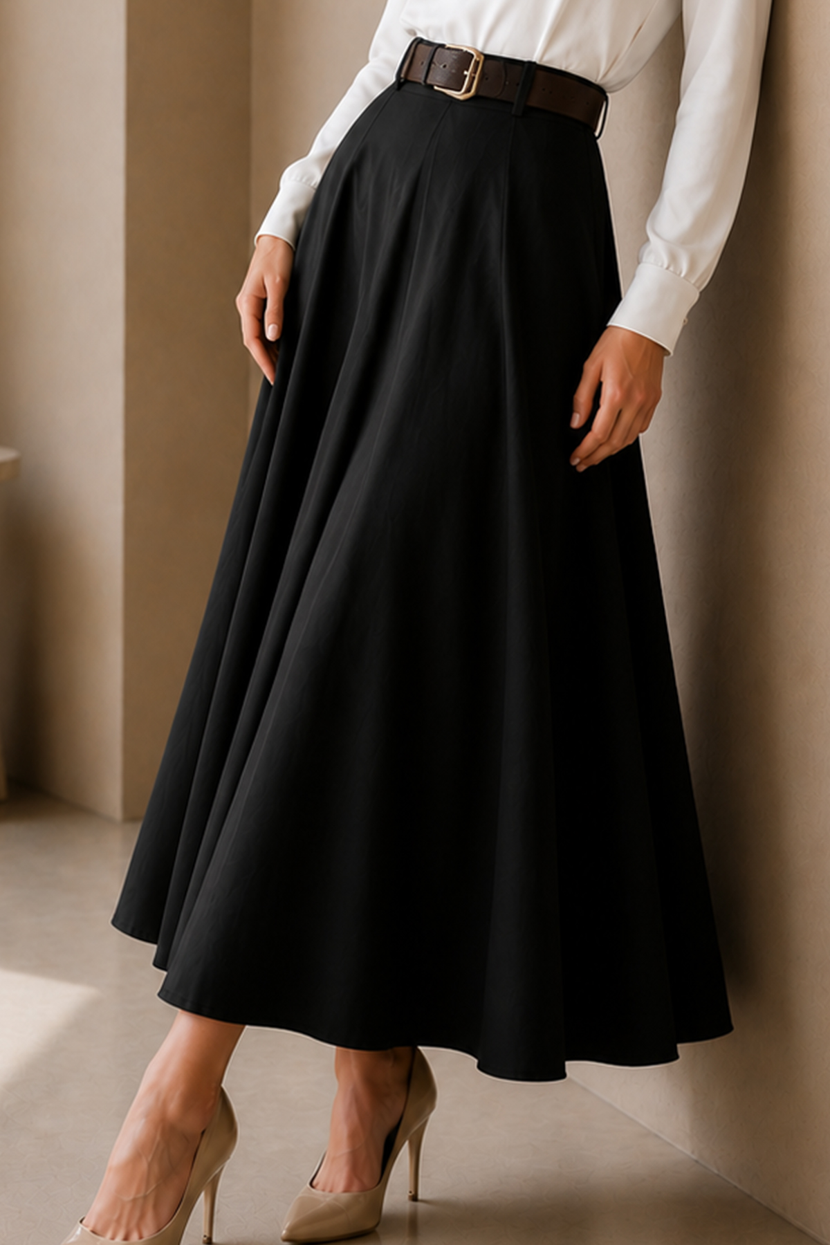 Belted Poplin Skirt