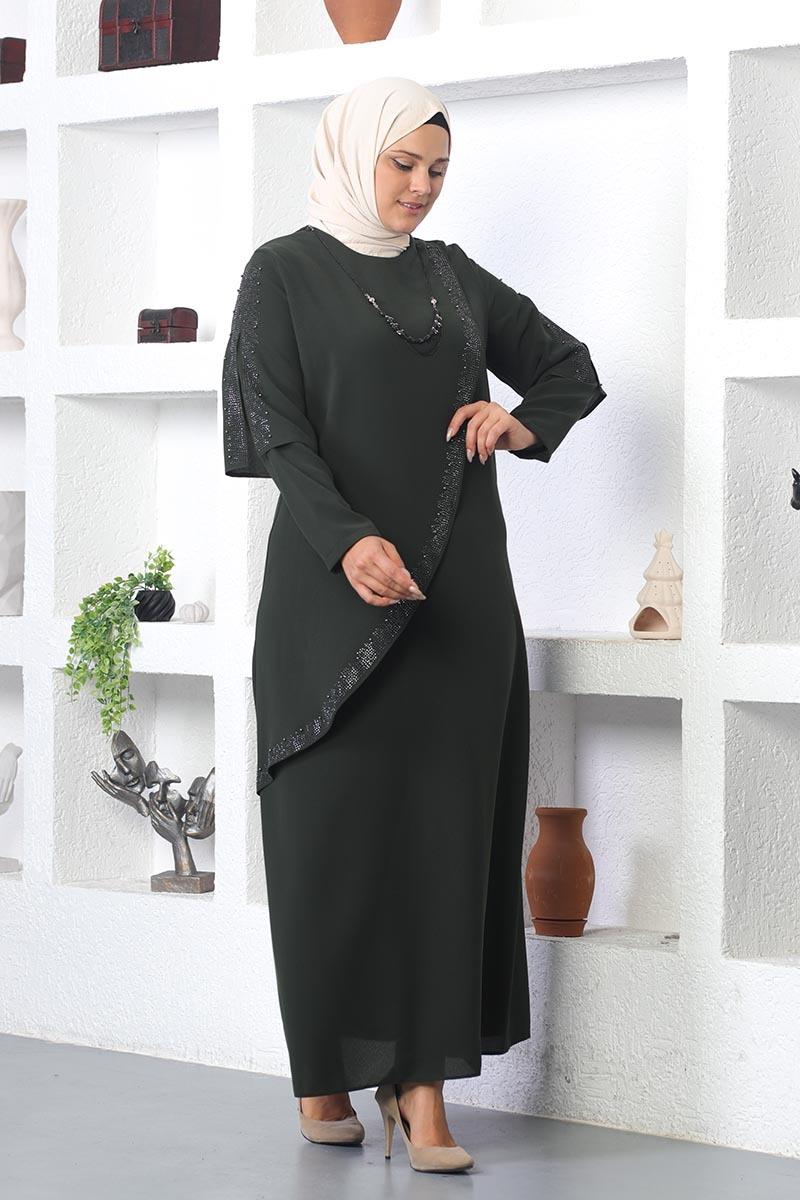 Plus Size Hijab Evening Dress With Necklace-detail