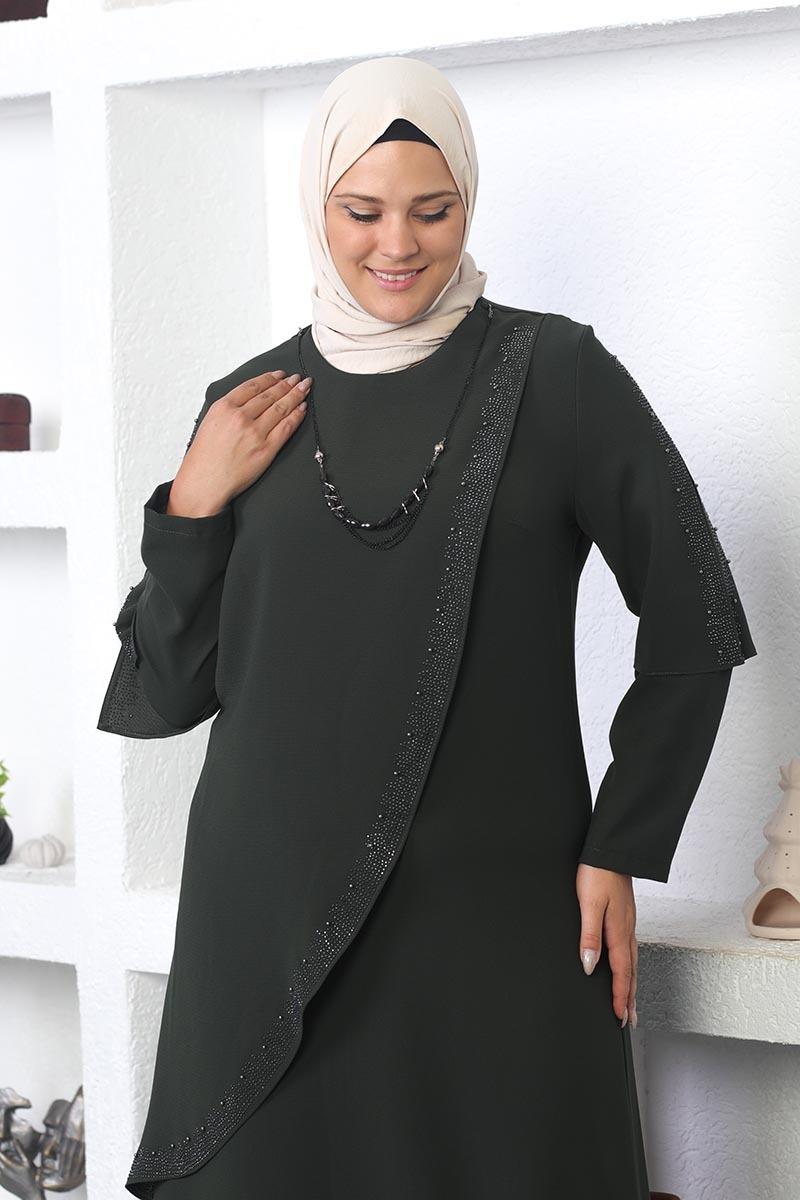 Plus Size Hijab Evening Dress With Necklace-detail