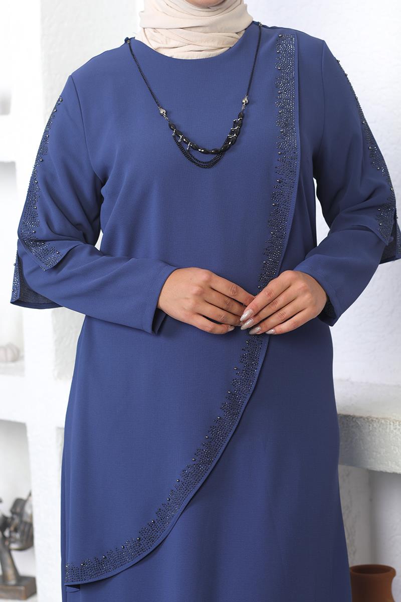 Plus Size Hijab Evening Dress With Necklace-detail