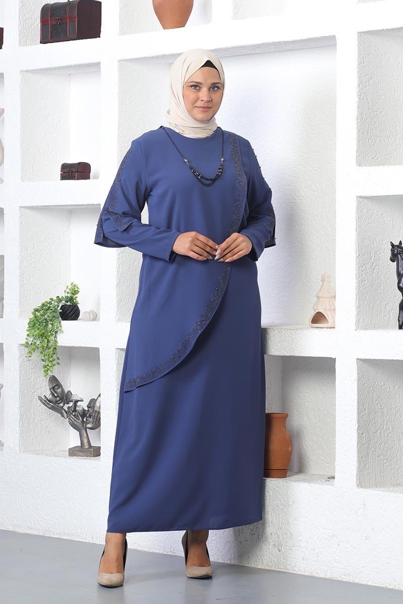 Plus Size Hijab Evening Dress With Necklace-detail
