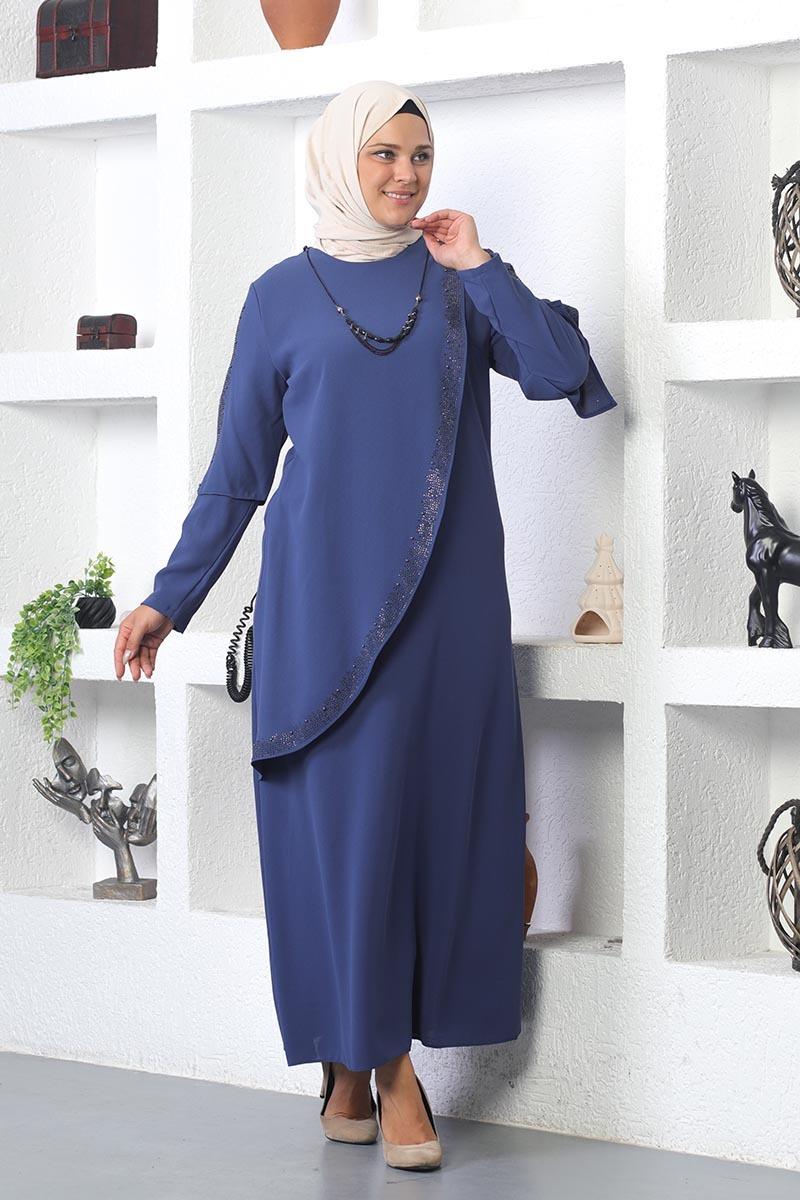 Plus Size Hijab Evening Dress With Necklace-detail