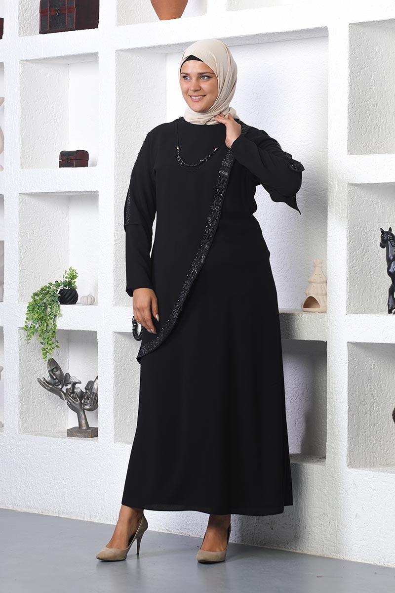 Plus Size Hijab Evening Dress With Necklace-detail