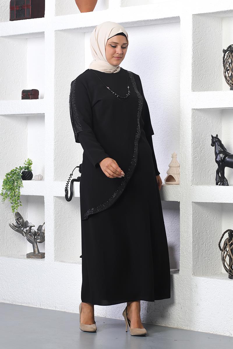 Plus Size Hijab Evening Dress With Necklace-detail