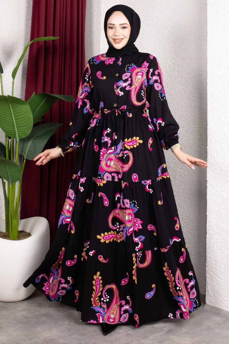 Ethnic Patterned Dress With Gathered Waist.-detail