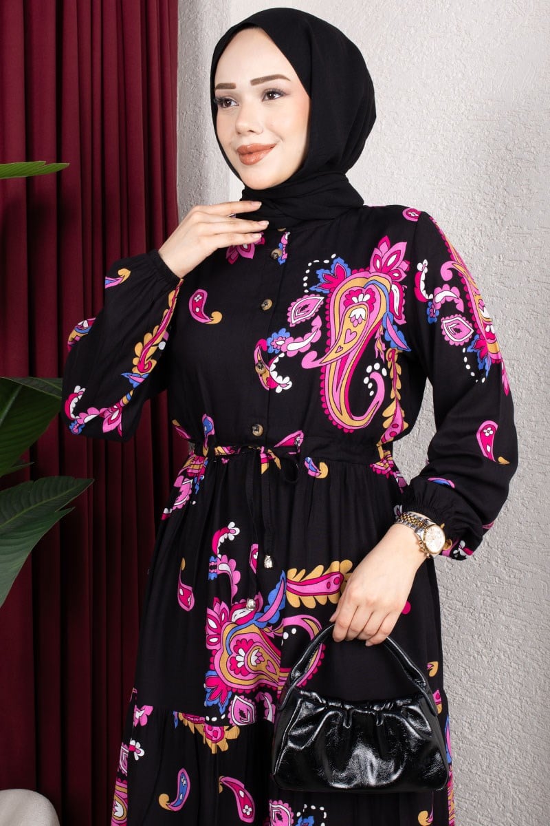 Ethnic Patterned Dress With Gathered Waist.-detail